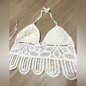Crocheted Macrame White Knit Halter Top